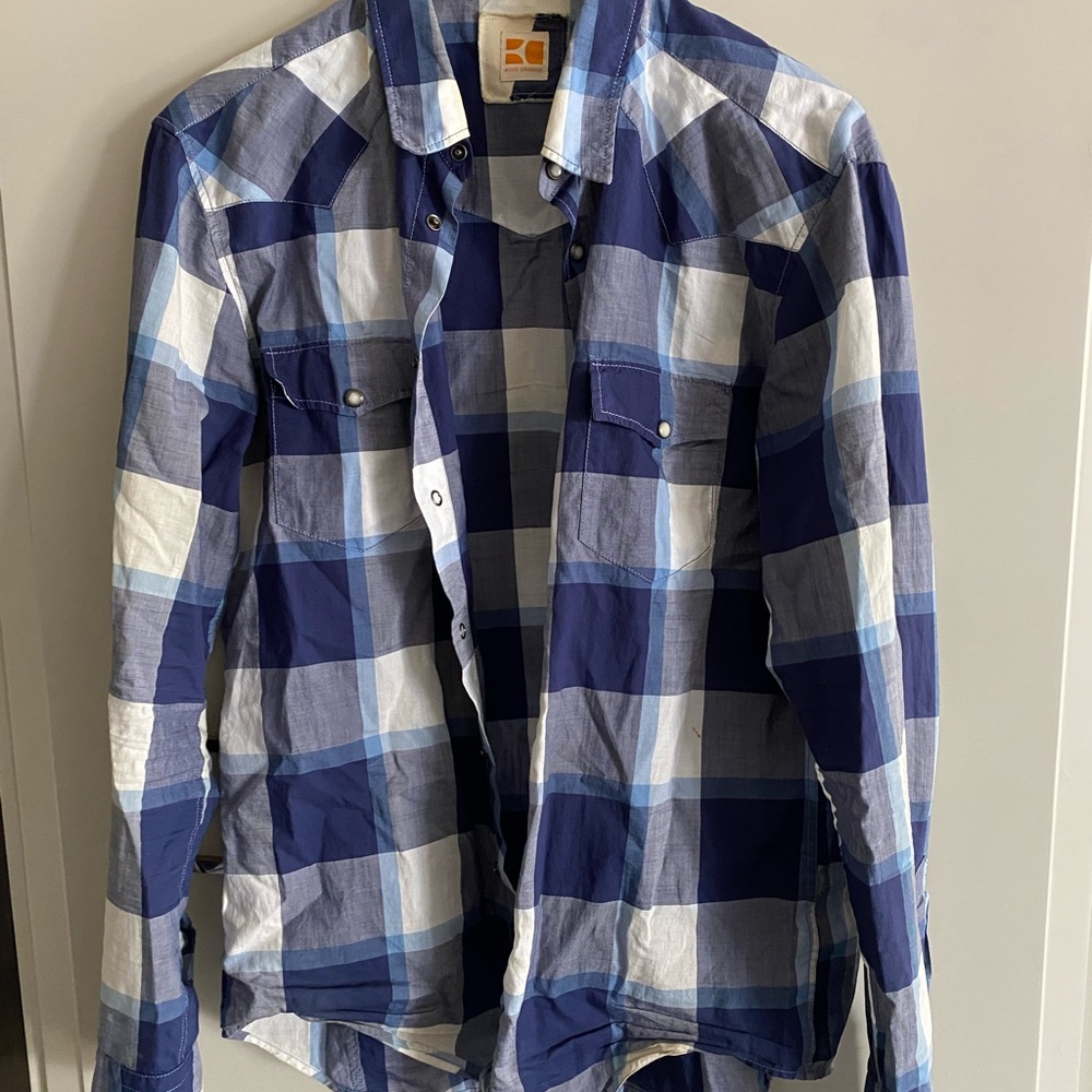 BOSS ORANGE Navy and White Checkered Shirt